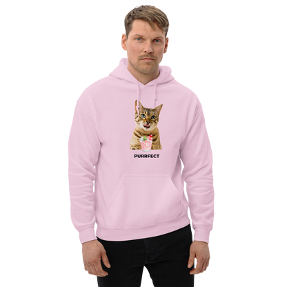 Man Wearing a Light Pink Cat Hoodie featuring an adorable Purrfect graphic on the chest - Funny Graphic Cat Hoodies - Boozy Fox
