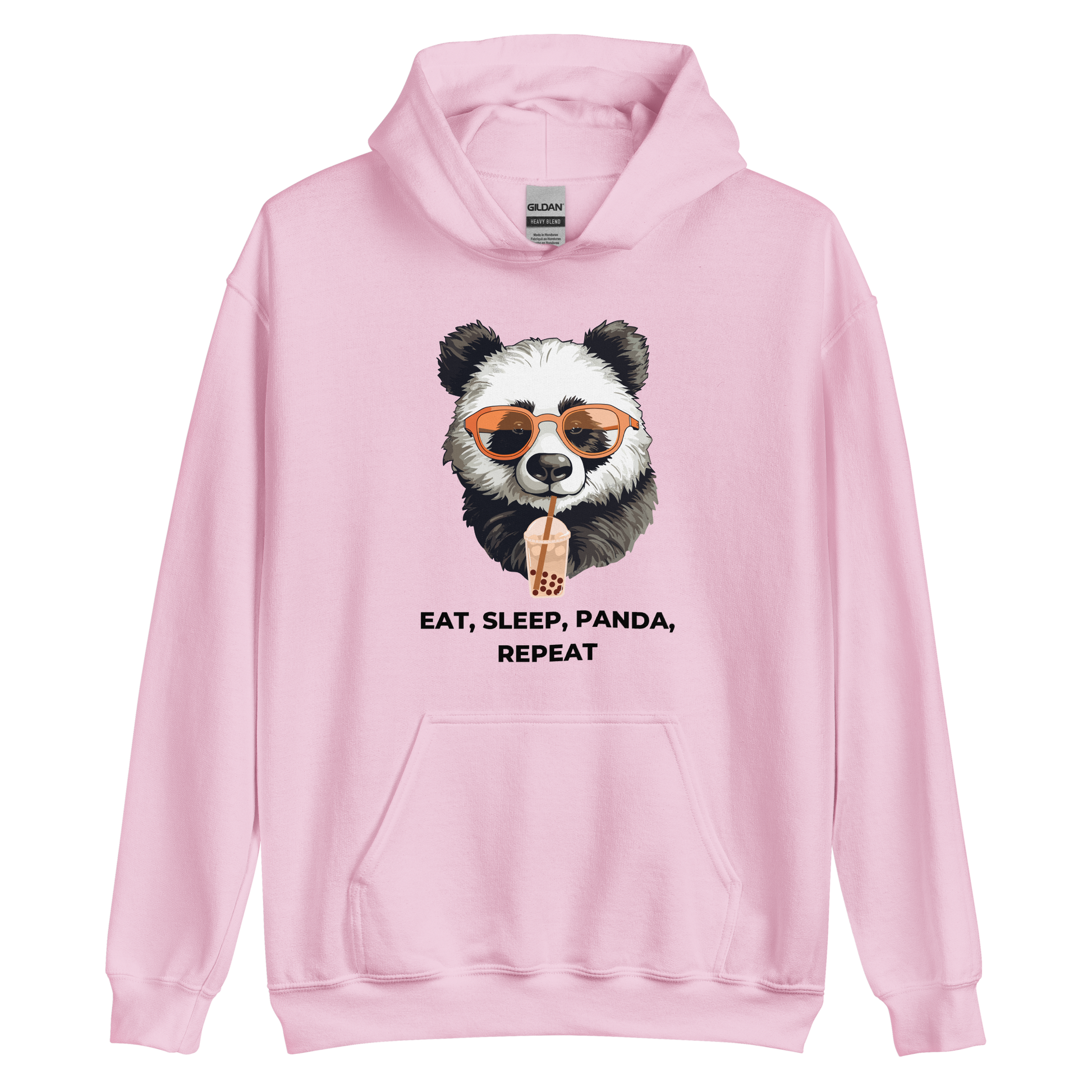 Light Pink Panda Hoodie featuring the hilarious Eat, Sleep, Panda, Repeat graphic on the chest - Funny Graphic Panda Hoodies - Boozy Fox