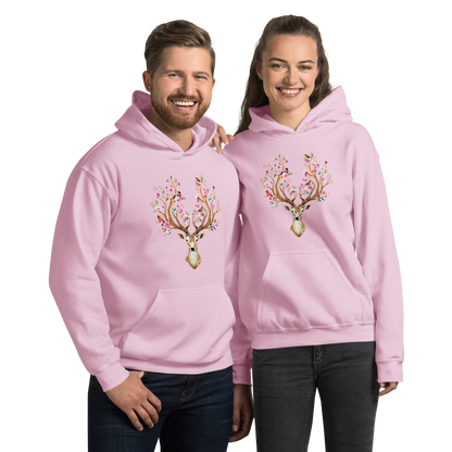 Smiling man and woman wearing a Light Pink Floral Red Deer Hoodie featuring a captivating Floral Red Deer graphic on the chest - Cute Graphic Deer Hoodies - Boozy Fox