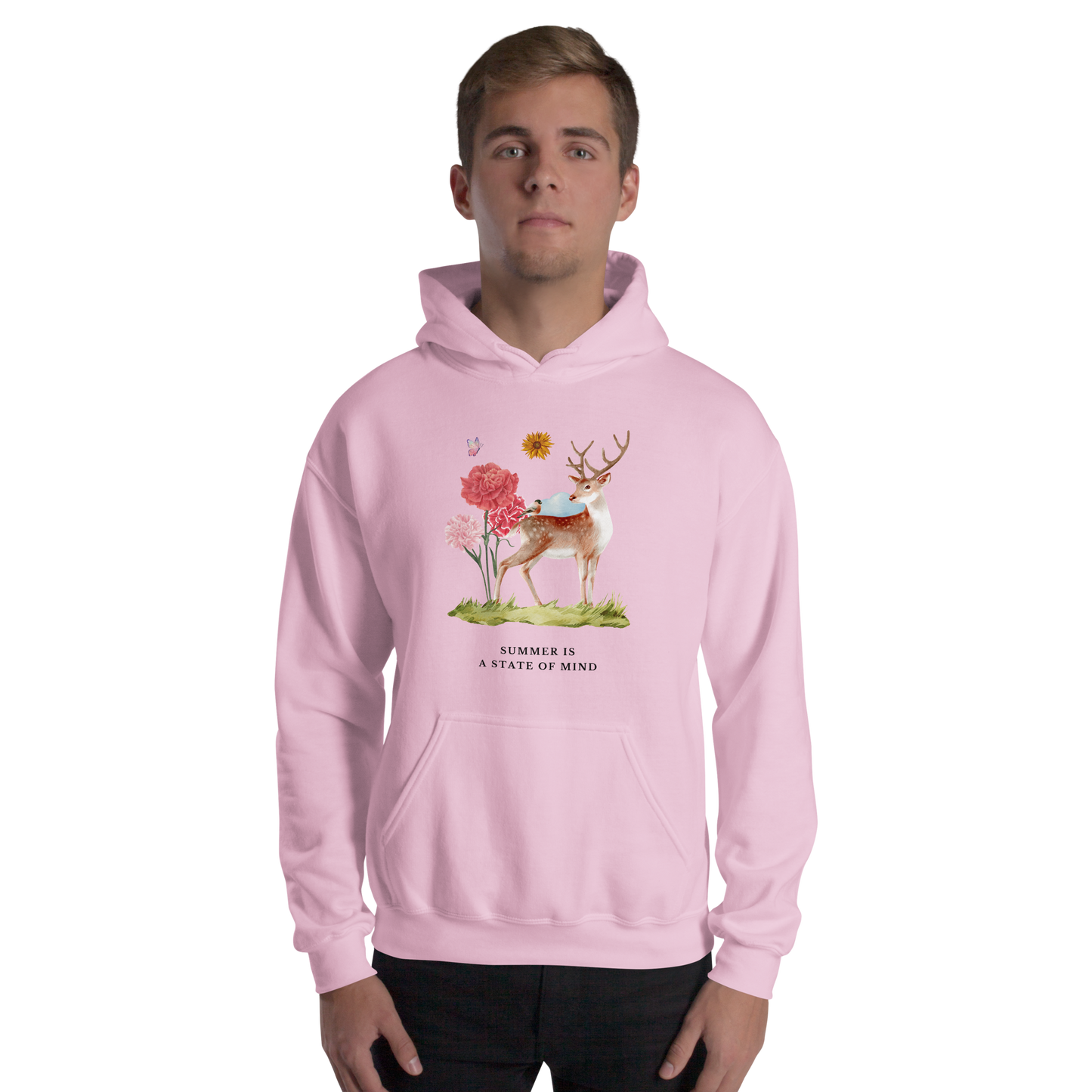 Man wearing a Light Pink Summer Is a State of Mind Hoodie Featuring a Summer Is a State of Mind graphic on the chest - Cute Graphic Summer Hoodies - Boozy Fox