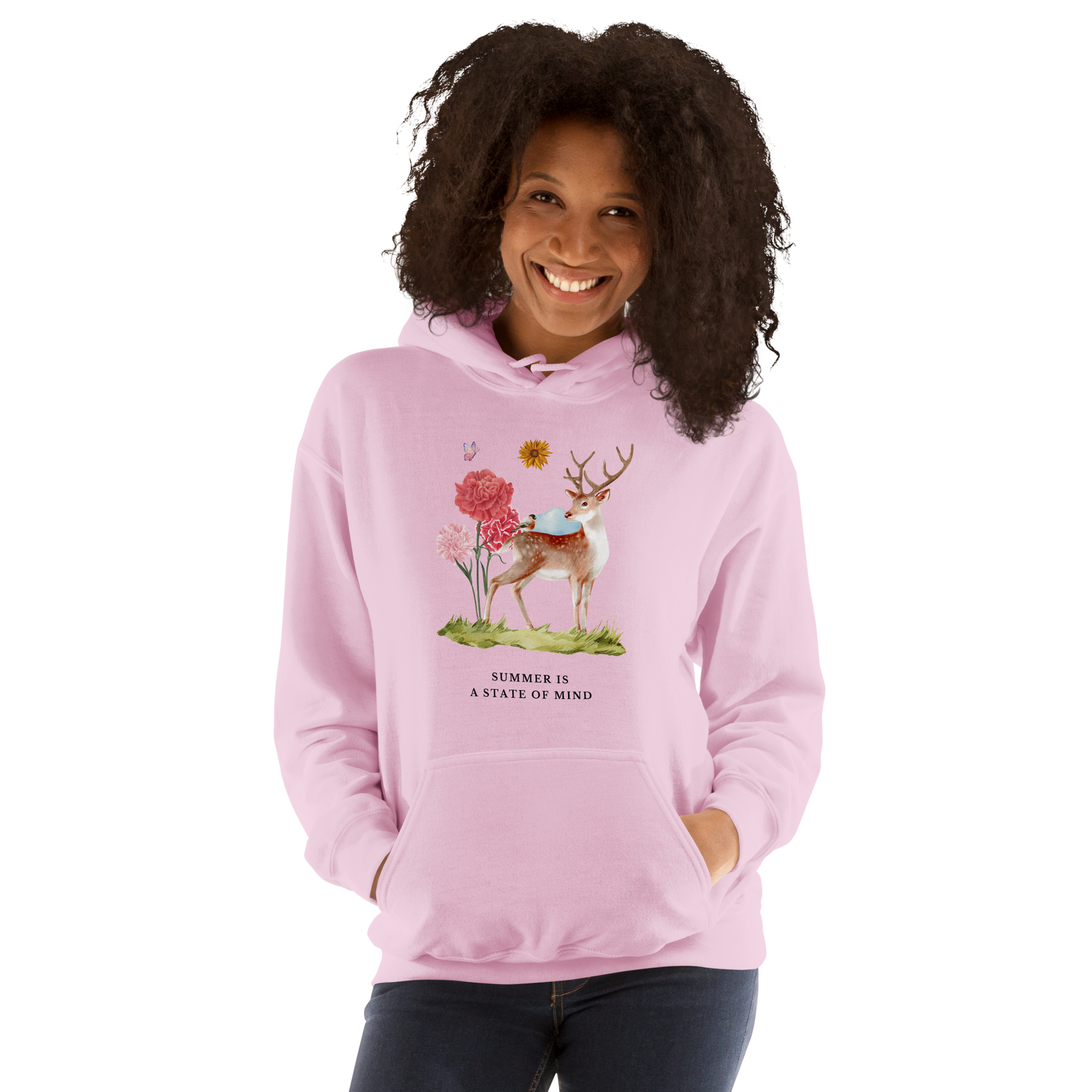 Woman wearing a Light Pink Summer Is a State of Mind Hoodie Featuring a Summer Is a State of Mind graphic on the chest - Cute Graphic Summer Hoodies - Boozy Fox