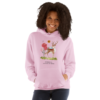 Woman wearing a Light Pink Summer Is a State of Mind Hoodie Featuring a Summer Is a State of Mind graphic on the chest - Cute Graphic Summer Hoodies - Boozy Fox