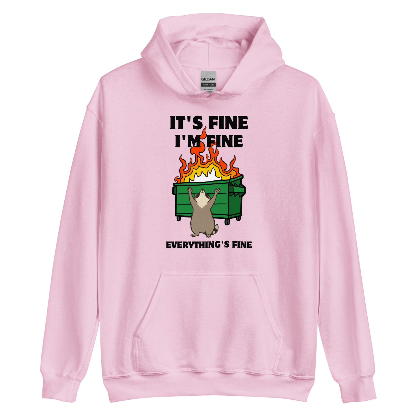 Funny Dumpster Fire Raccoon graphic hoodie in light pink by Boozy Fox