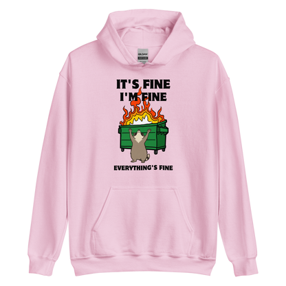 Funny Dumpster Fire Raccoon graphic hoodie in light pink by Boozy Fox