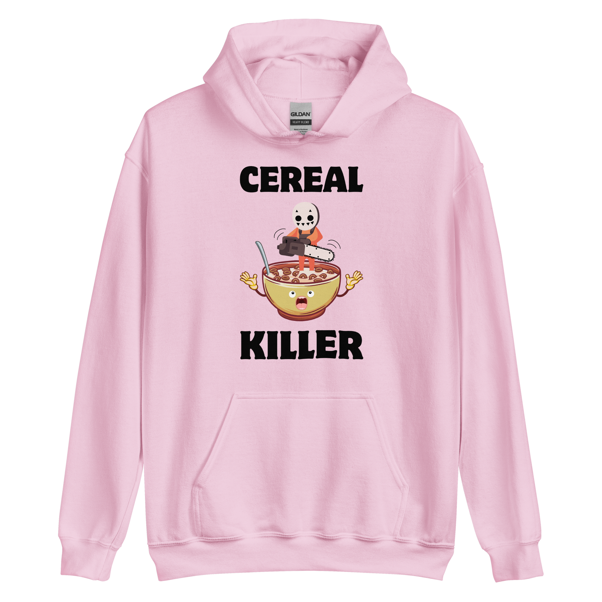 Funny Cereal Killer breakfast graphic hoodie in light pink by Boozy Fox