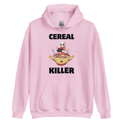 Funny Cereal Killer breakfast graphic hoodie in light pink by Boozy Fox