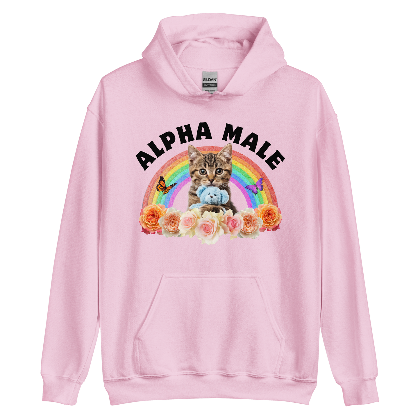 Funny Alpha Male Cat rainbow roses graphic hoodie in light pink by Boozy Fox