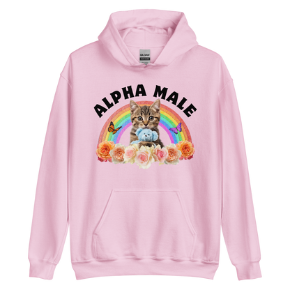 Funny Alpha Male Cat rainbow roses graphic hoodie in light pink by Boozy Fox