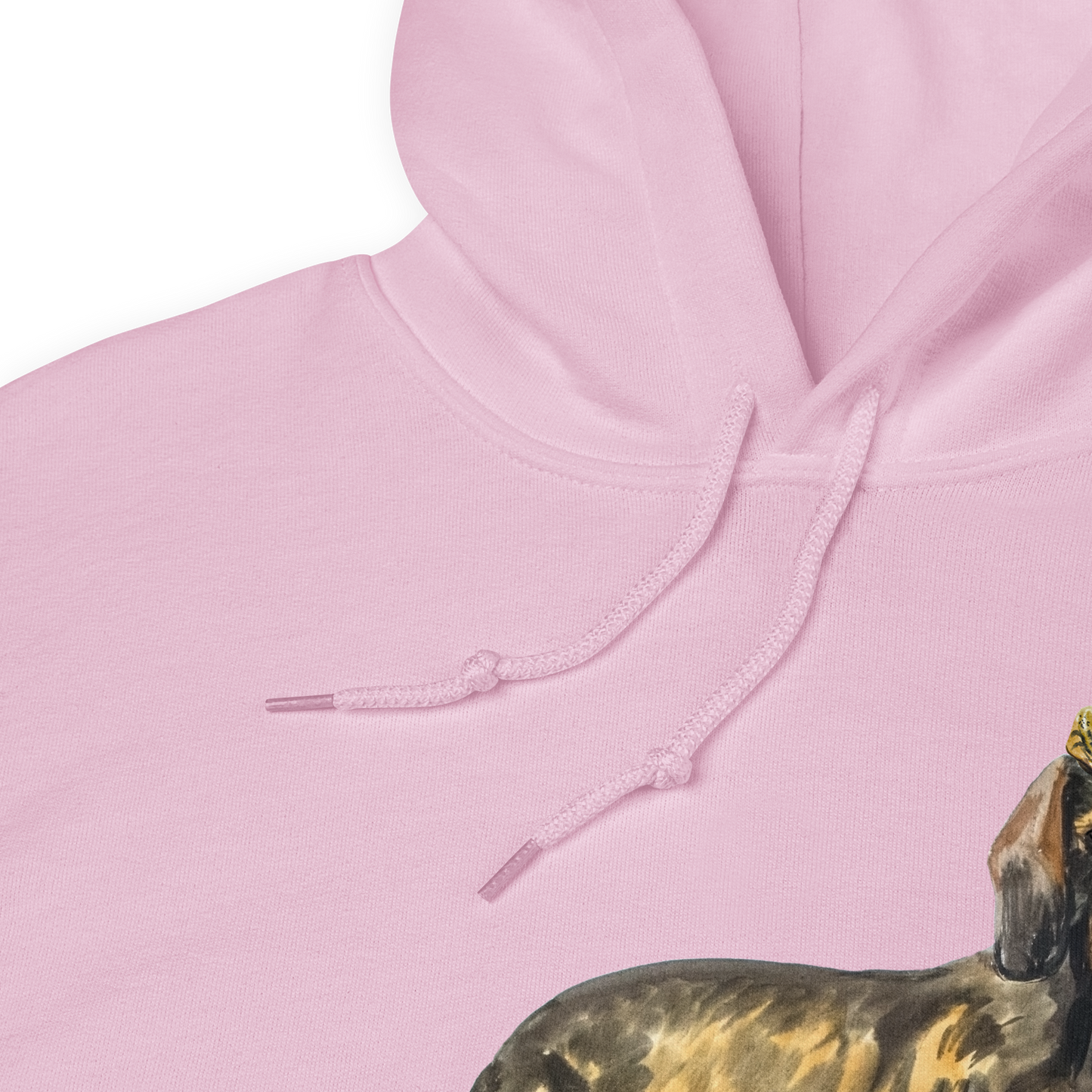 Product details of a Light Pink Dachshund Hoodie featuring an adorable Frog on a Dachshund's Head graphic on the chest - Cute Graphic Dachshund Hoodies - Boozy Fox