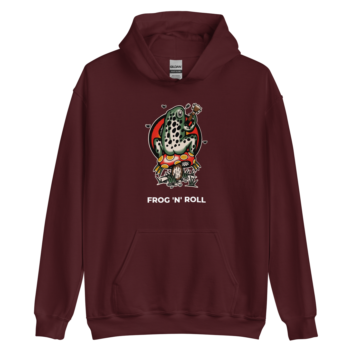 Maroon Frog Hoodie featuring the hilarious Frog 'n' Roll graphic on the chest - Funny Graphic Frog Hoodies - Boozy Fox