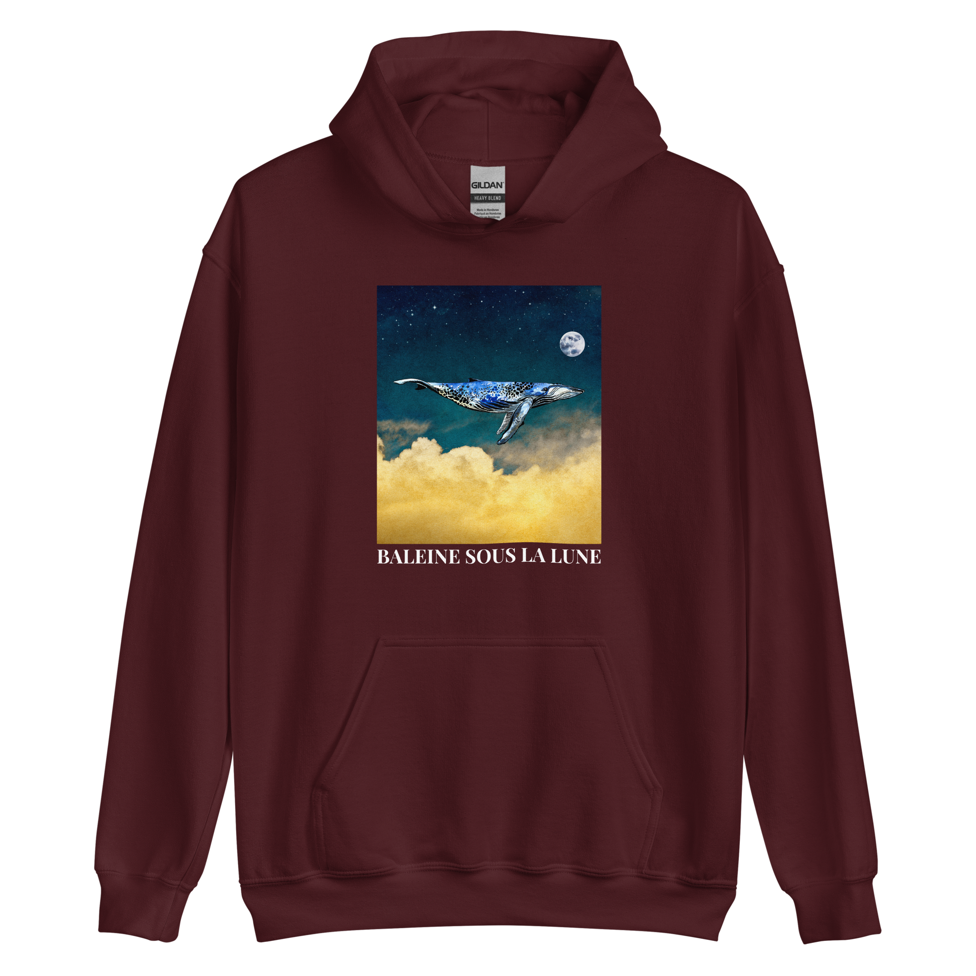 Maroon Whale Hoodie featuring a charming Whale Under The Moon graphic on the chest - Cool Graphic Whale Hoodies - Boozy Fox