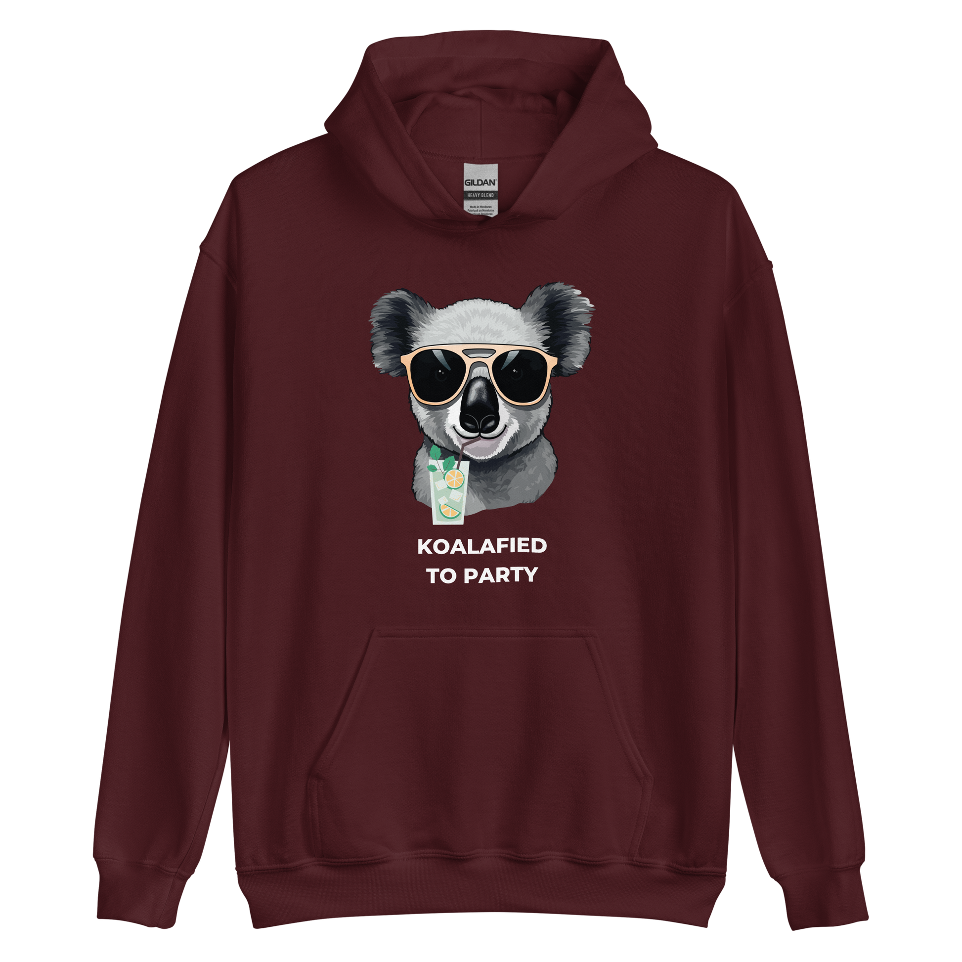 Maroon Koala Hoodie featuring a captivating Koalafied To Party graphic on the chest - Funny Graphic Koala Hoodies - Boozy Fox