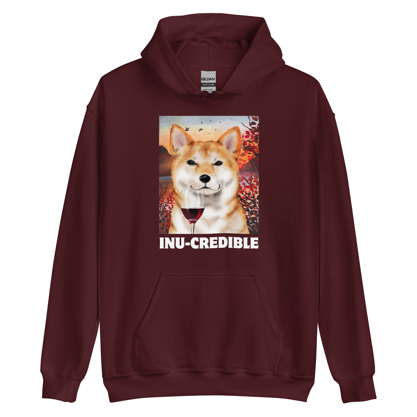 Funny Shiba Inu graphic hoodie in maroon by Boozy Fox