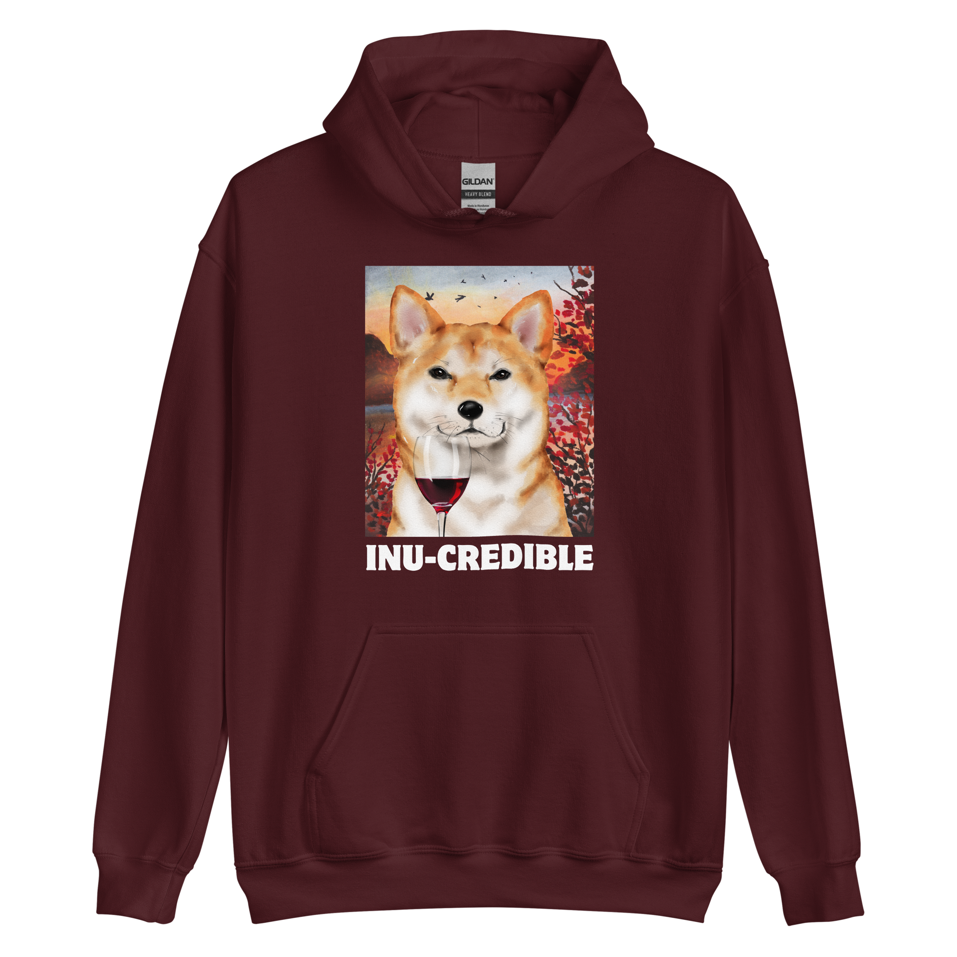 Funny Shiba Inu graphic hoodie in maroon by Boozy Fox