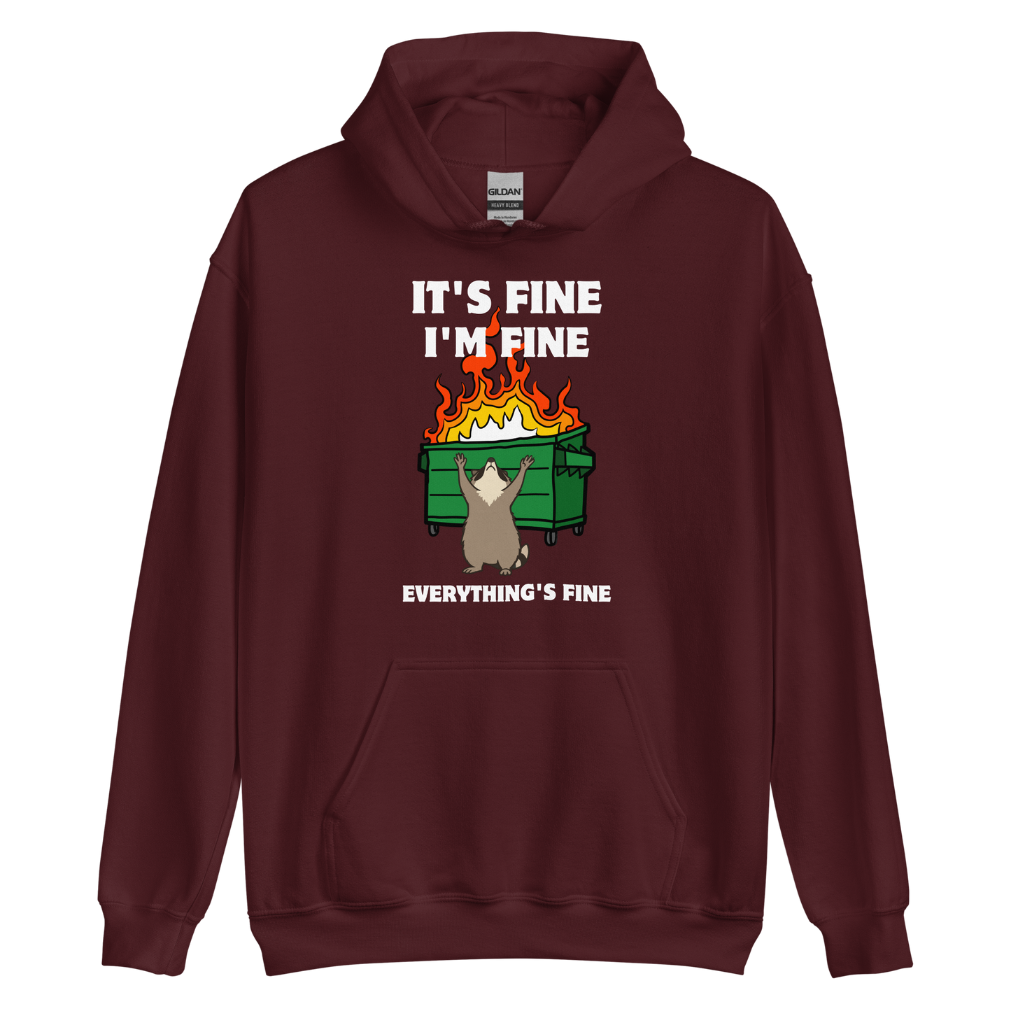 Funny Dumpster Fire Raccoon graphic hoodie in maroon by Boozy Fox