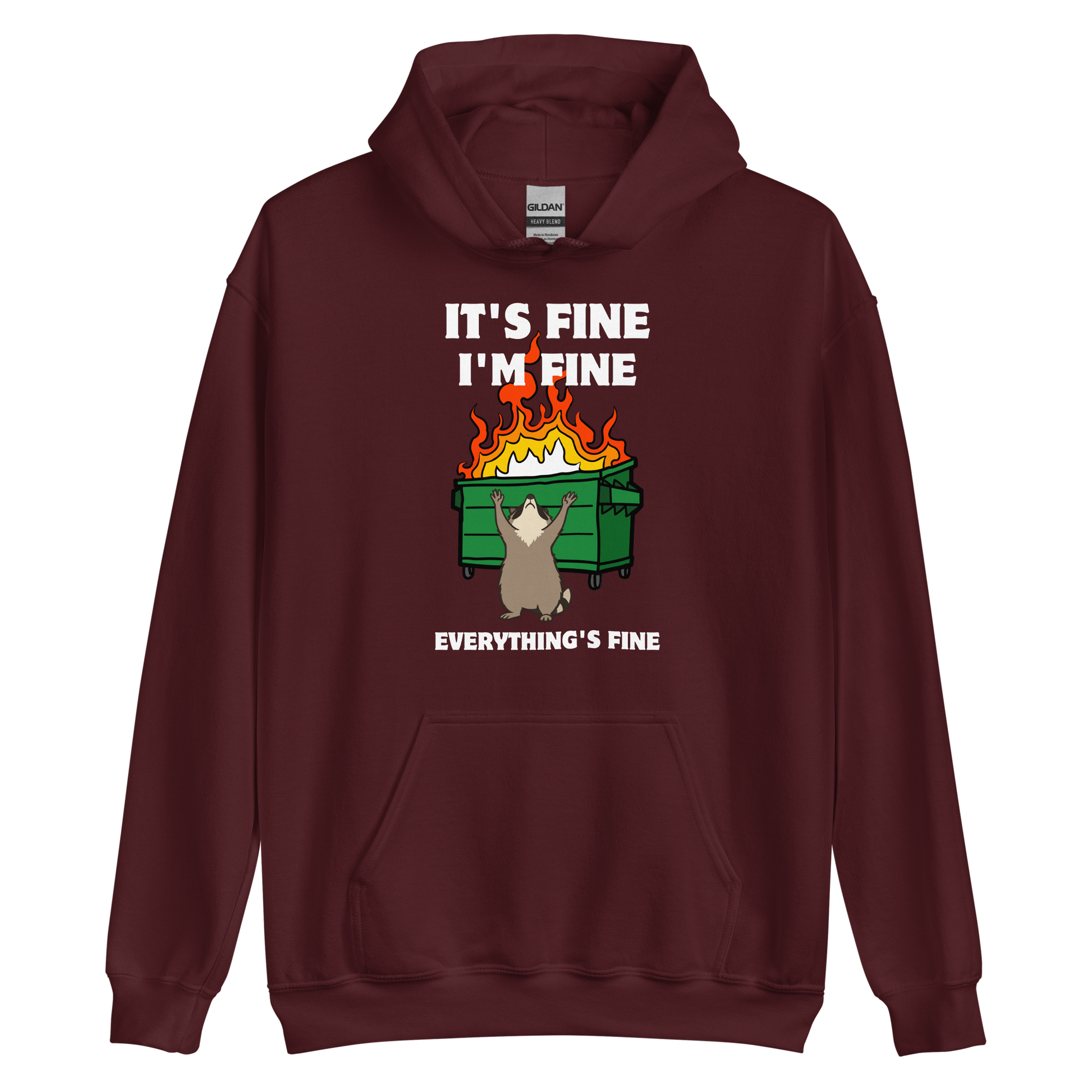 Funny Dumpster Fire Raccoon graphic hoodie in maroon by Boozy Fox