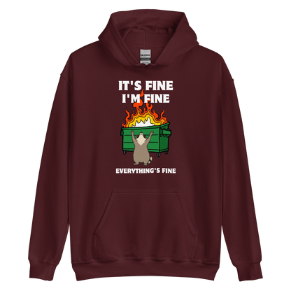 Funny Dumpster Fire Raccoon graphic hoodie in maroon by Boozy Fox