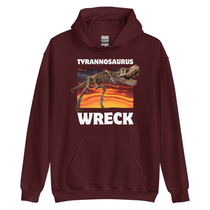 Funny Tyrannosaurus Wreck T-Rex Dinosaur graphic hoodie in maroon by Boozy Fox