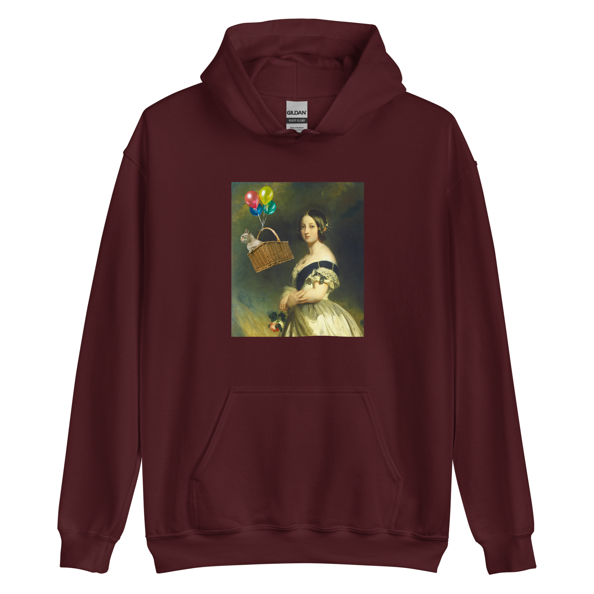 Funny Young Queen Victoria graphic hoodie in maroon by Boozy Fox