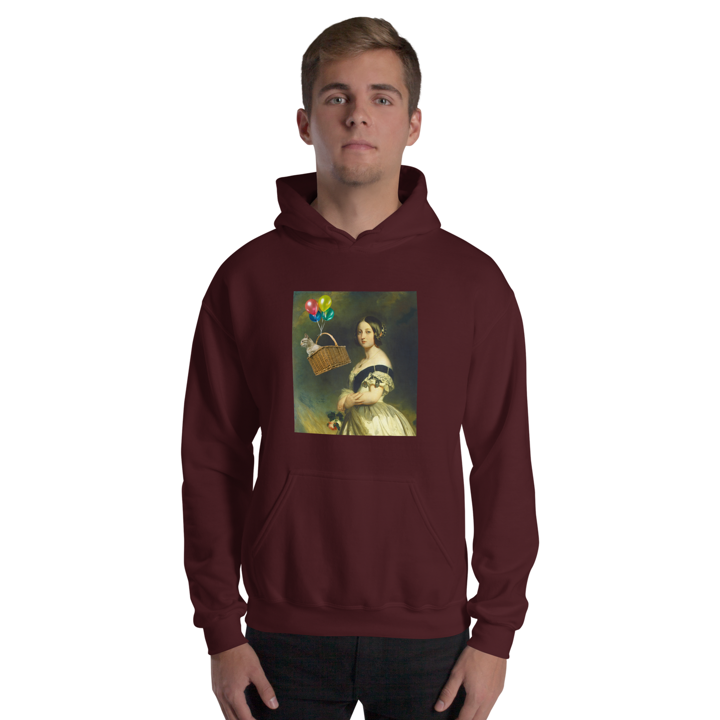 Man wearing a Funny Young Queen Victoria graphic hoodie in maroon by Boozy Fox