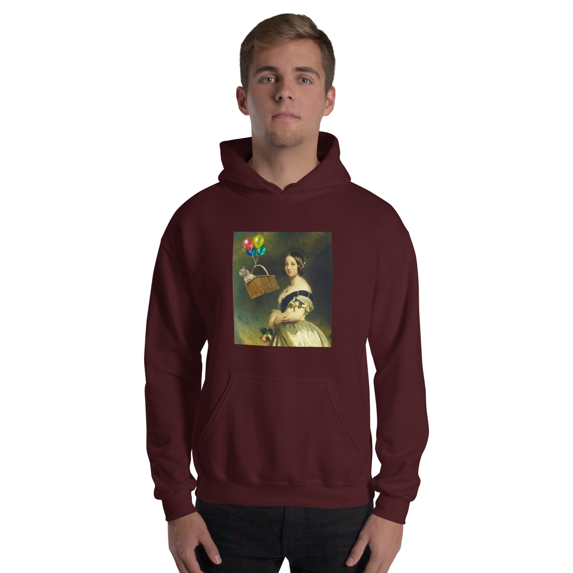 Man wearing a Funny Young Queen Victoria graphic hoodie in maroon by Boozy Fox