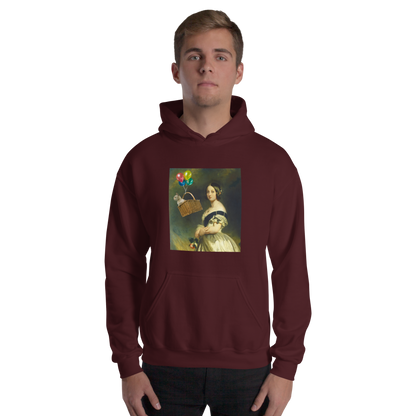 Man wearing a Funny Young Queen Victoria graphic hoodie in maroon by Boozy Fox