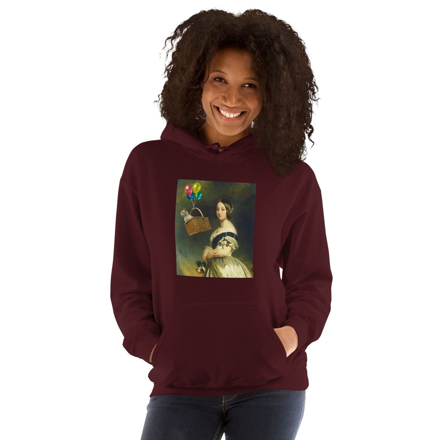 Woman wearing a Funny Young Queen Victoria graphic hoodie in maroon by Boozy Fox