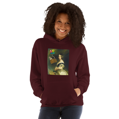 Woman wearing a Funny Young Queen Victoria graphic hoodie in maroon by Boozy Fox