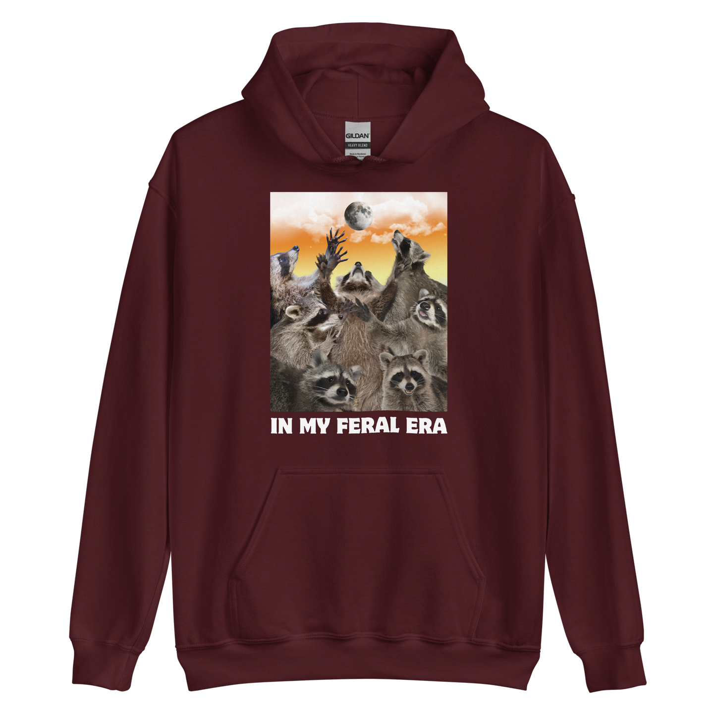 Funny In My Feral Era Raccoon graphic hoodie in maroon by Boozy Fox