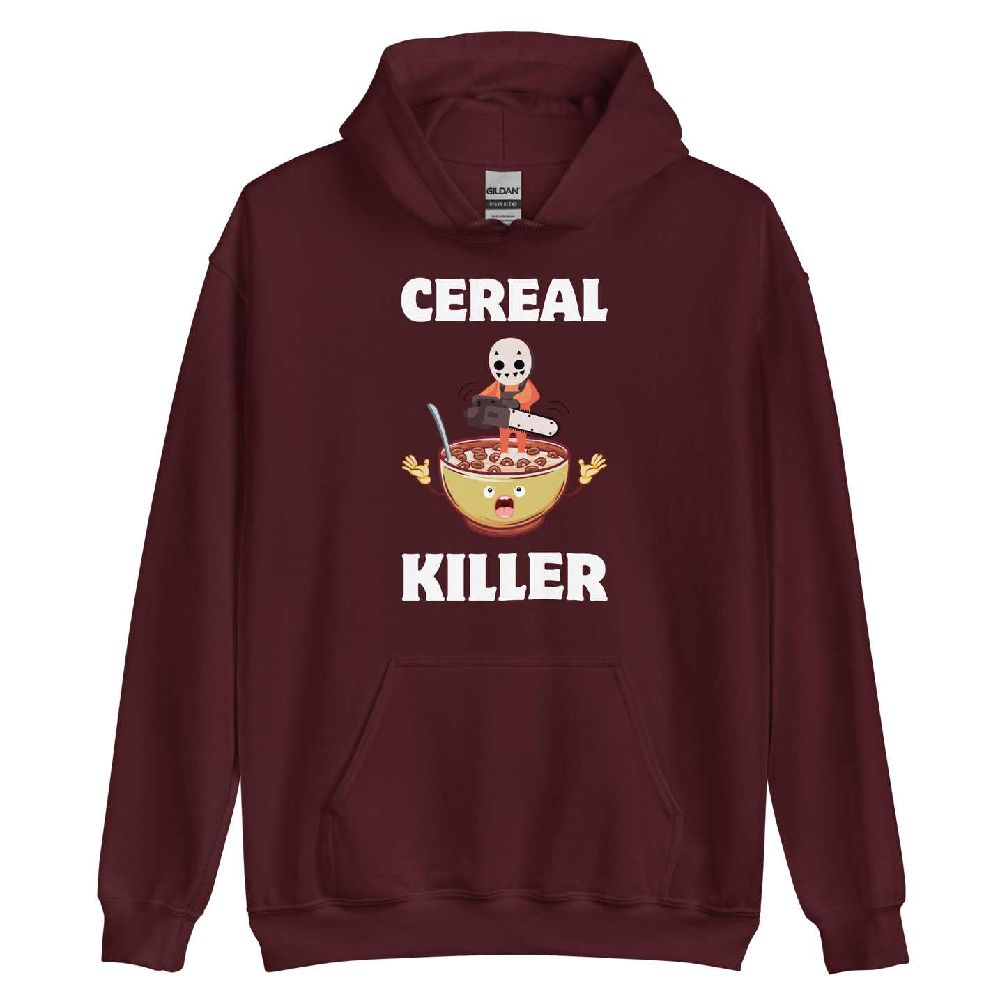 Funny Cereal Killer breakfast graphic hoodie in maroon by Boozy Fox