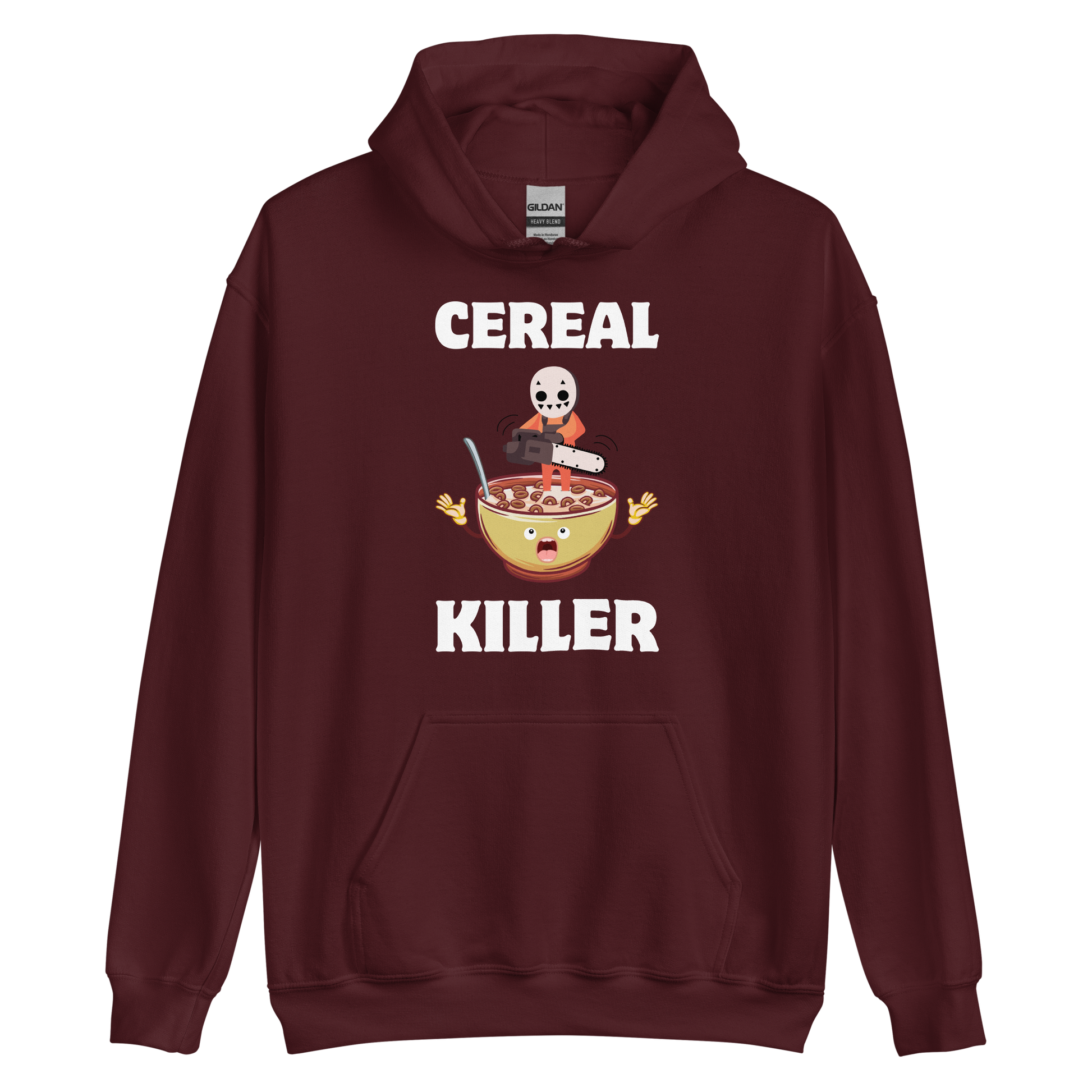 Funny Cereal Killer breakfast graphic hoodie in maroon by Boozy Fox