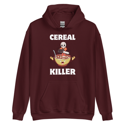 Funny Cereal Killer breakfast graphic hoodie in maroon by Boozy Fox