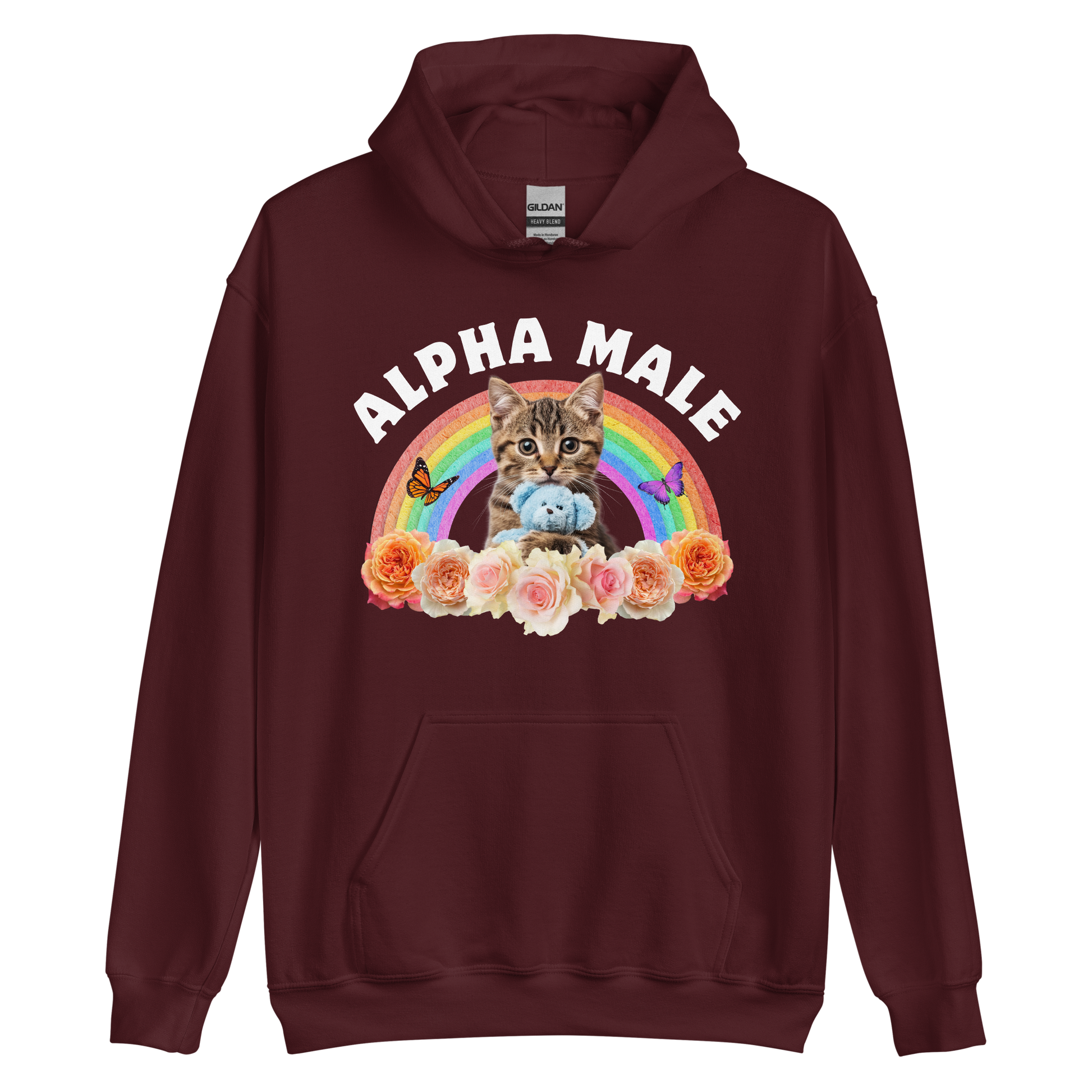 Funny Alpha Male Cat rainbow roses graphic hoodie in maroon by Boozy Fox