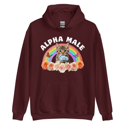 Funny Alpha Male Cat rainbow roses graphic hoodie in maroon by Boozy Fox