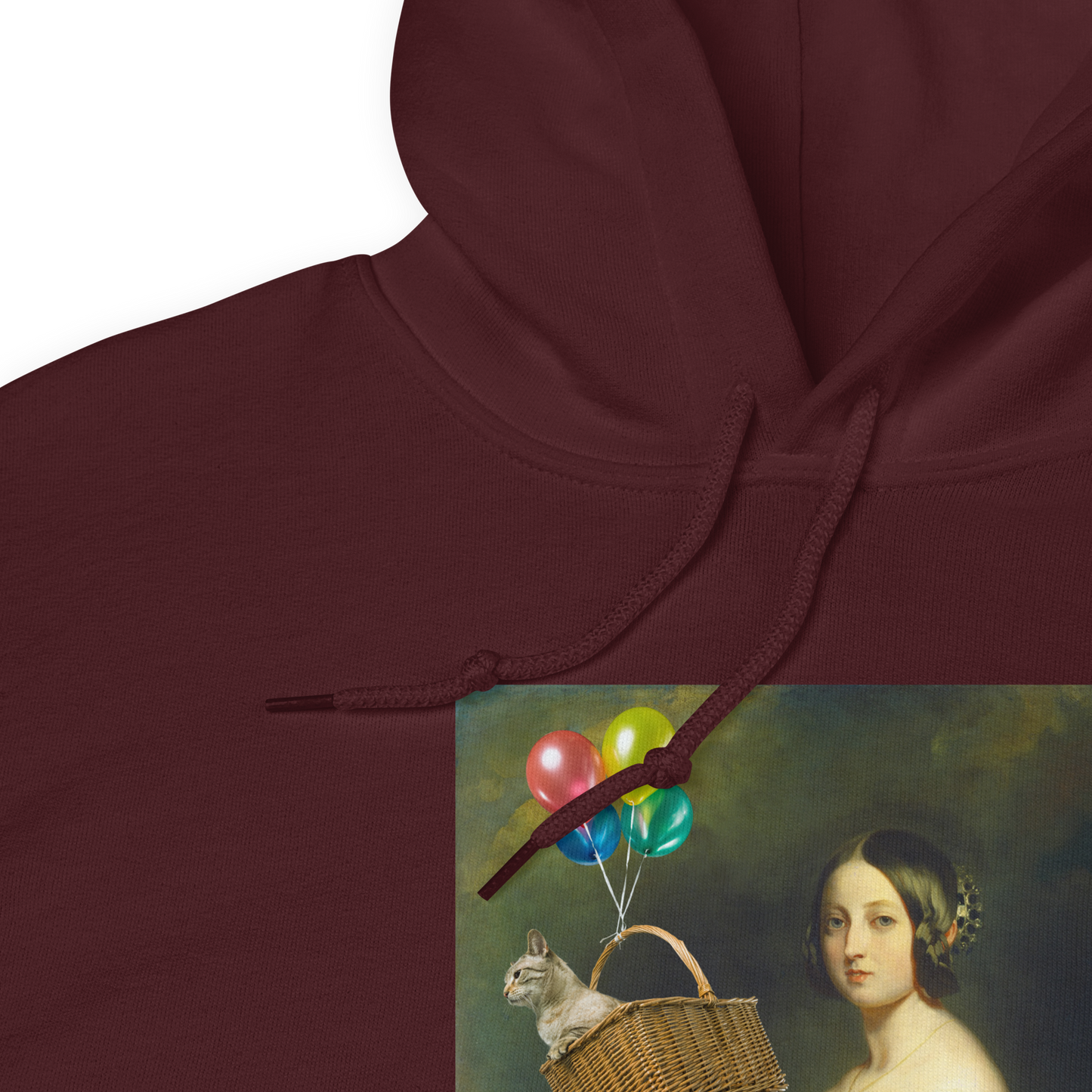 Front details of a Funny Young Queen Victoria graphic hoodie in maroon by Boozy Fox