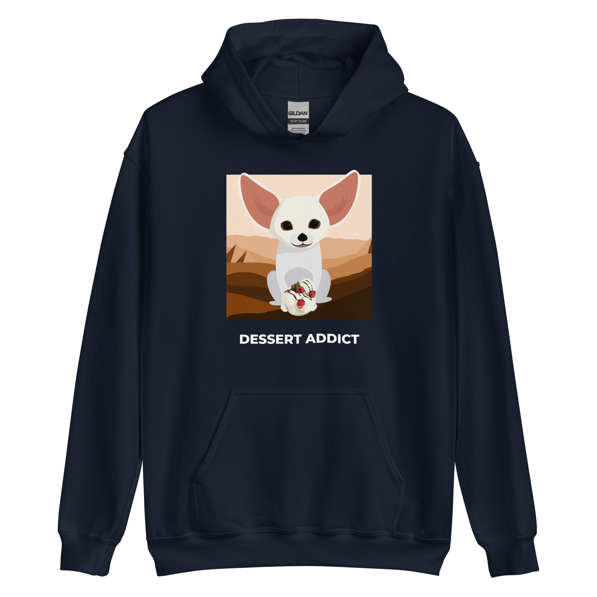 Navy Fennec Fox Hoodie featuring an adorable Dessert Addict graphic on the chest - Funny Graphic Fennec Fox Hoodies - Boozy Fox