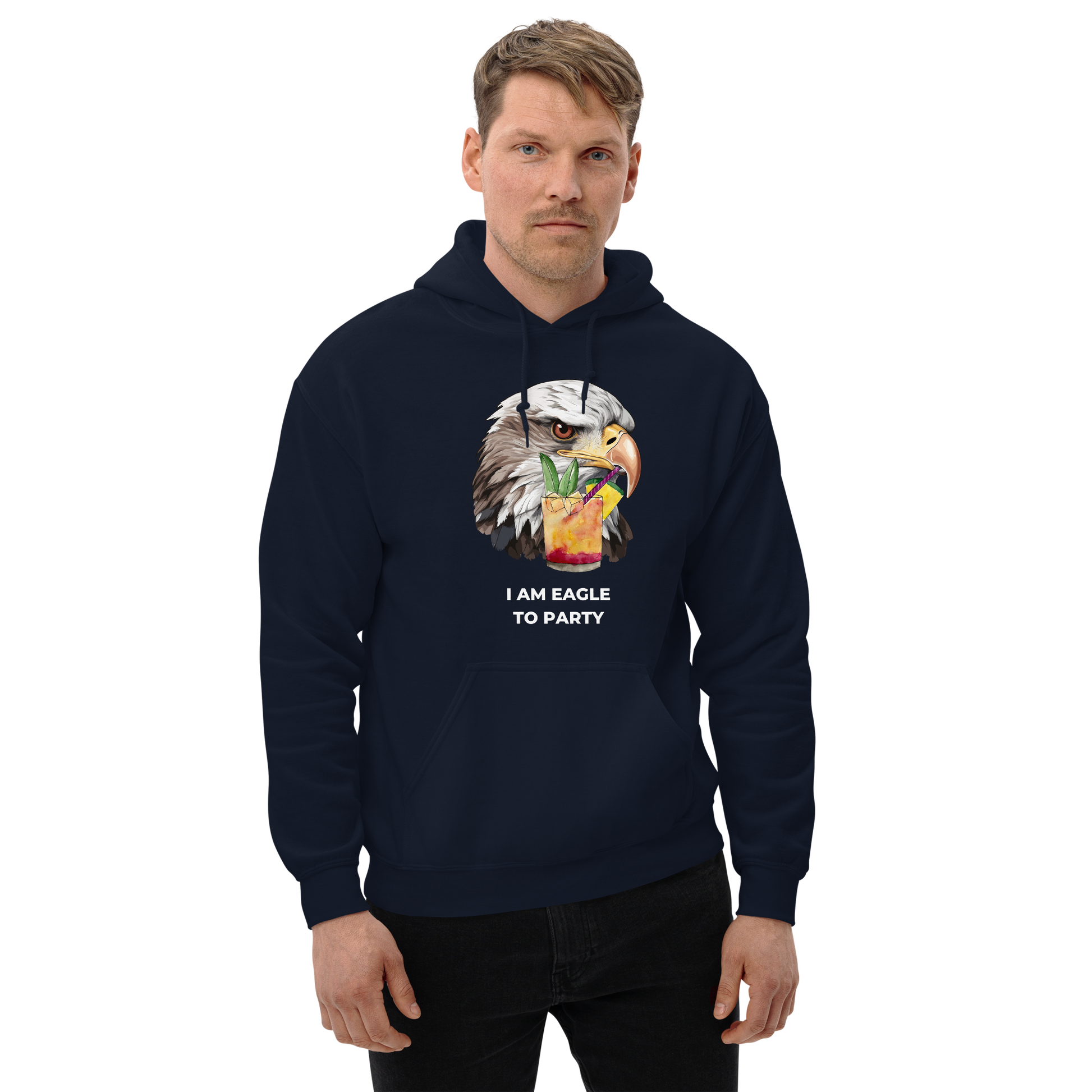 Man wearing a Navy Eagle Hoodie featuring a captivating I Am Eagle To Party graphic on the chest - Funny Graphic Eagle Party Hoodies - Boozy Fox