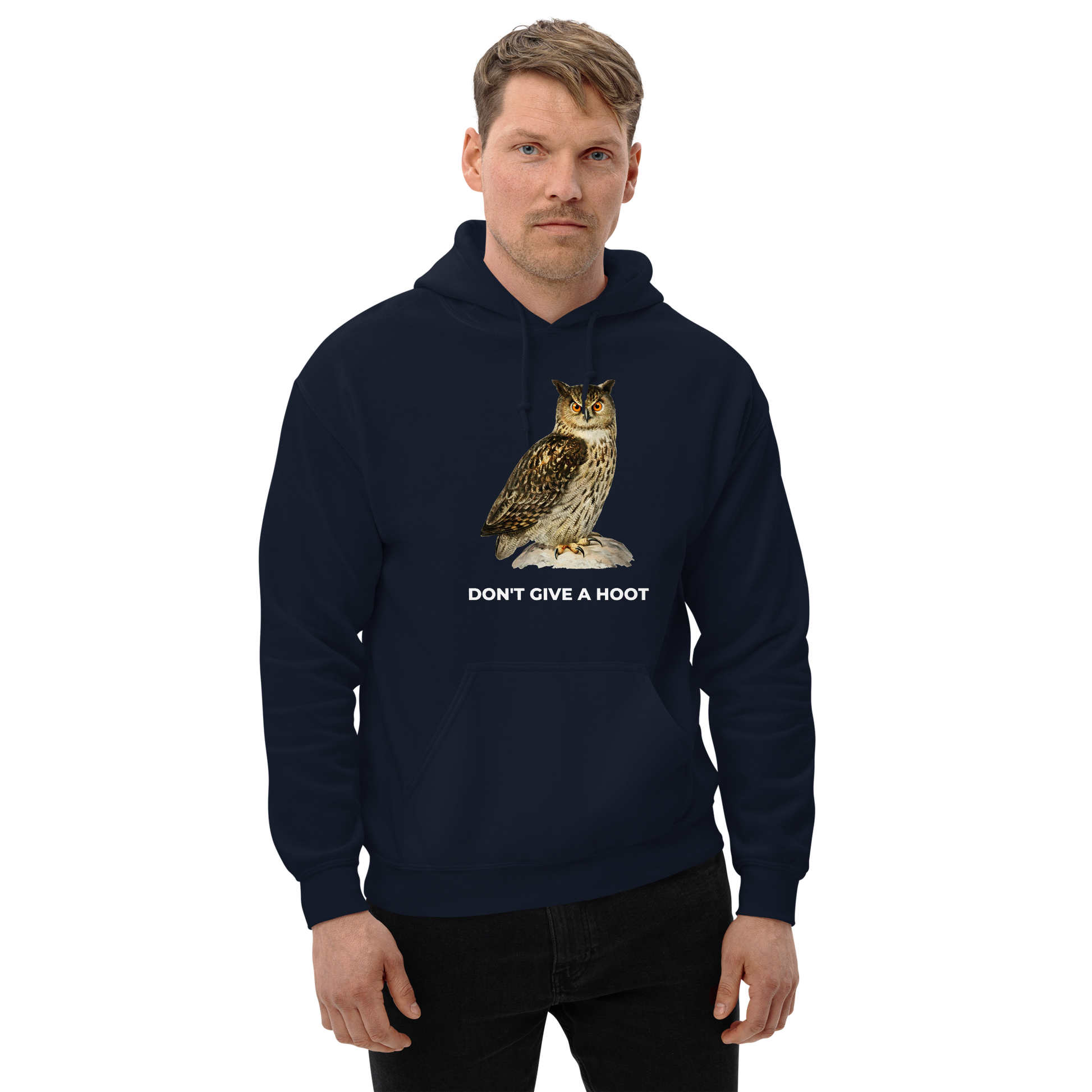 Man wearing a Navy Owl Hoodie featuring a captivating Don't Give A Hoot graphic on the chest - Funny Graphic Owl Hoodies - Boozy Fox