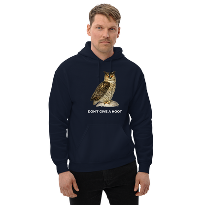Man wearing a Navy Owl Hoodie featuring a captivating Don't Give A Hoot graphic on the chest - Funny Graphic Owl Hoodies - Boozy Fox