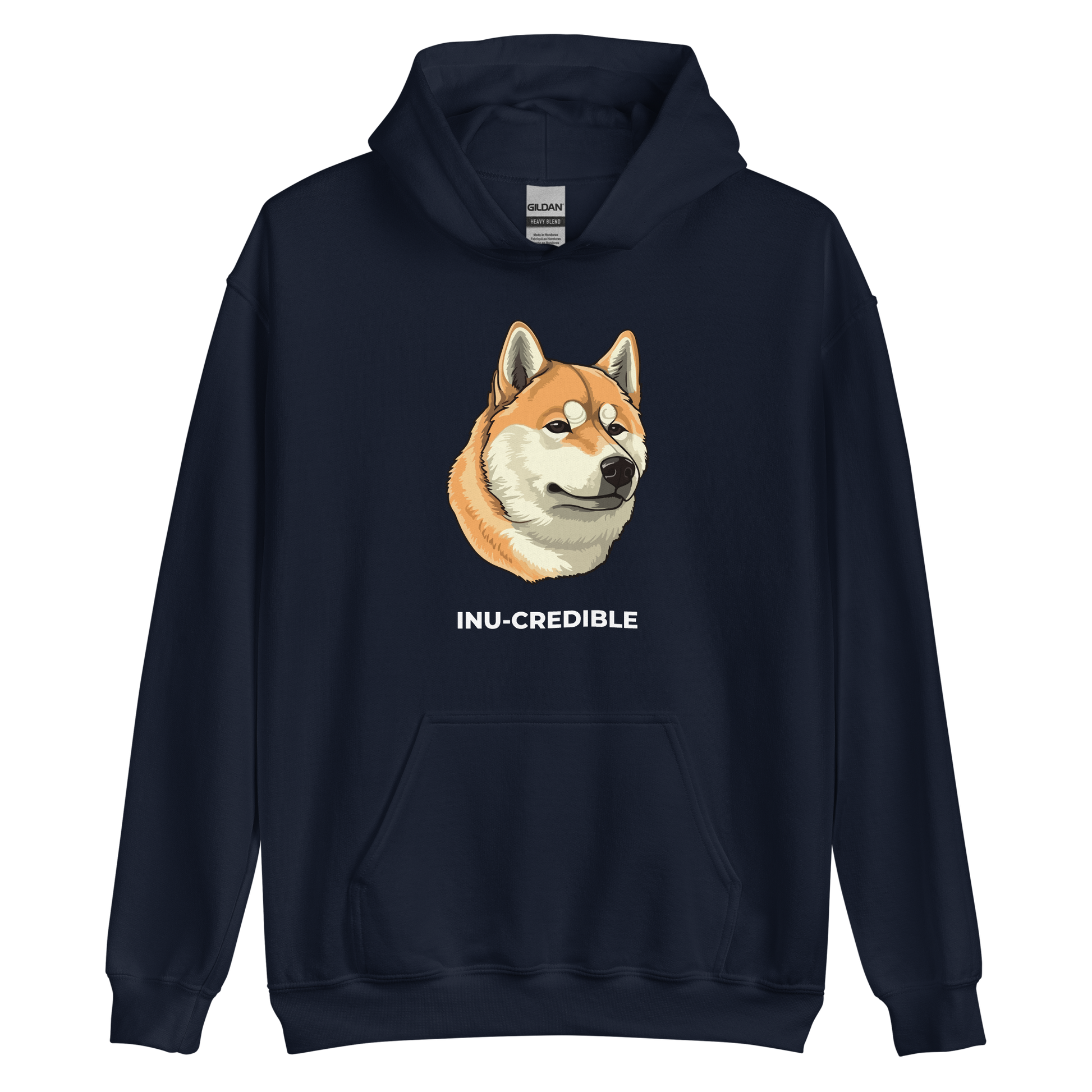 Navy Shiba Inu Hoodie featuring the Inu-Credible graphic on the chest - Funny Graphic Shiba Inu Hoodies - Boozy Fox