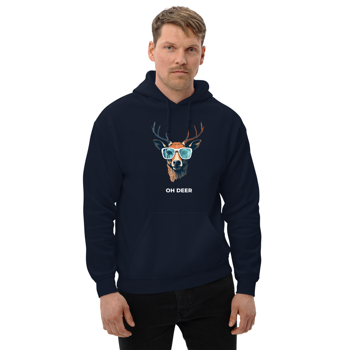 Man wearing a Navy Deer Hoodie featuring a hilarious Oh Deer graphic on the chest - Funny Graphic Deer Hoodies - Boozy Fox