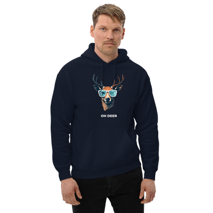Man wearing a Navy Deer Hoodie featuring a hilarious Oh Deer graphic on the chest - Funny Graphic Deer Hoodies - Boozy Fox