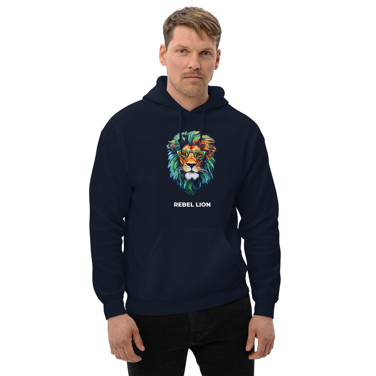 Man wearing a Navy Lion Hoodie featuring a fierce Rebel Lion graphic on the chest - Funny Graphic Lion Hoodies - Boozy Fox