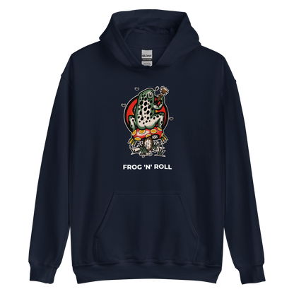 Navy Frog Hoodie featuring the hilarious Frog 'n' Roll graphic on the chest - Funny Graphic Frog Hoodies - Boozy Fox