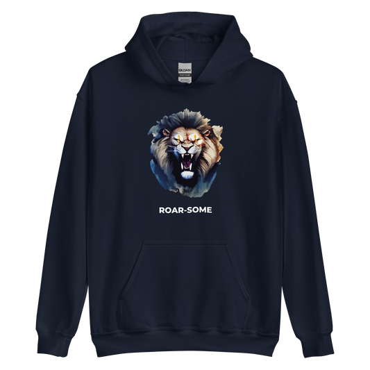 Navy Lion Hoodie featuring a Roar-Some graphic on the chest - Cool Graphic Lion Hoodies - Boozy Fox