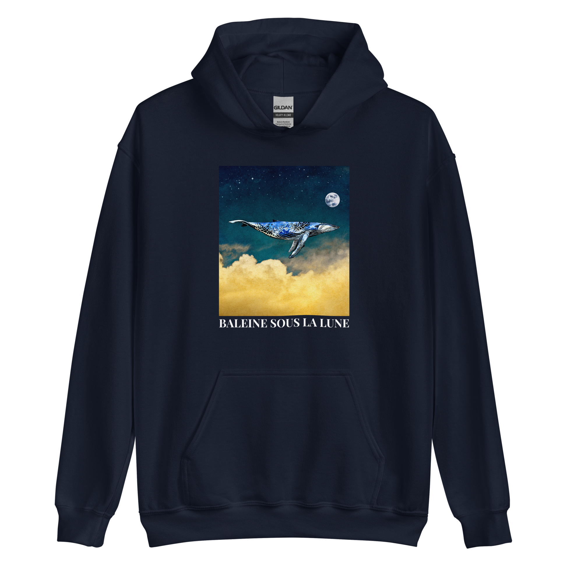 Navy Whale Hoodie featuring a charming Whale Under The Moon graphic on the chest - Cool Graphic Whale Hoodies - Boozy Fox