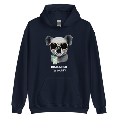 Navy Koala Hoodie featuring a captivating Koalafied To Party graphic on the chest - Funny Graphic Koala Hoodies - Boozy Fox