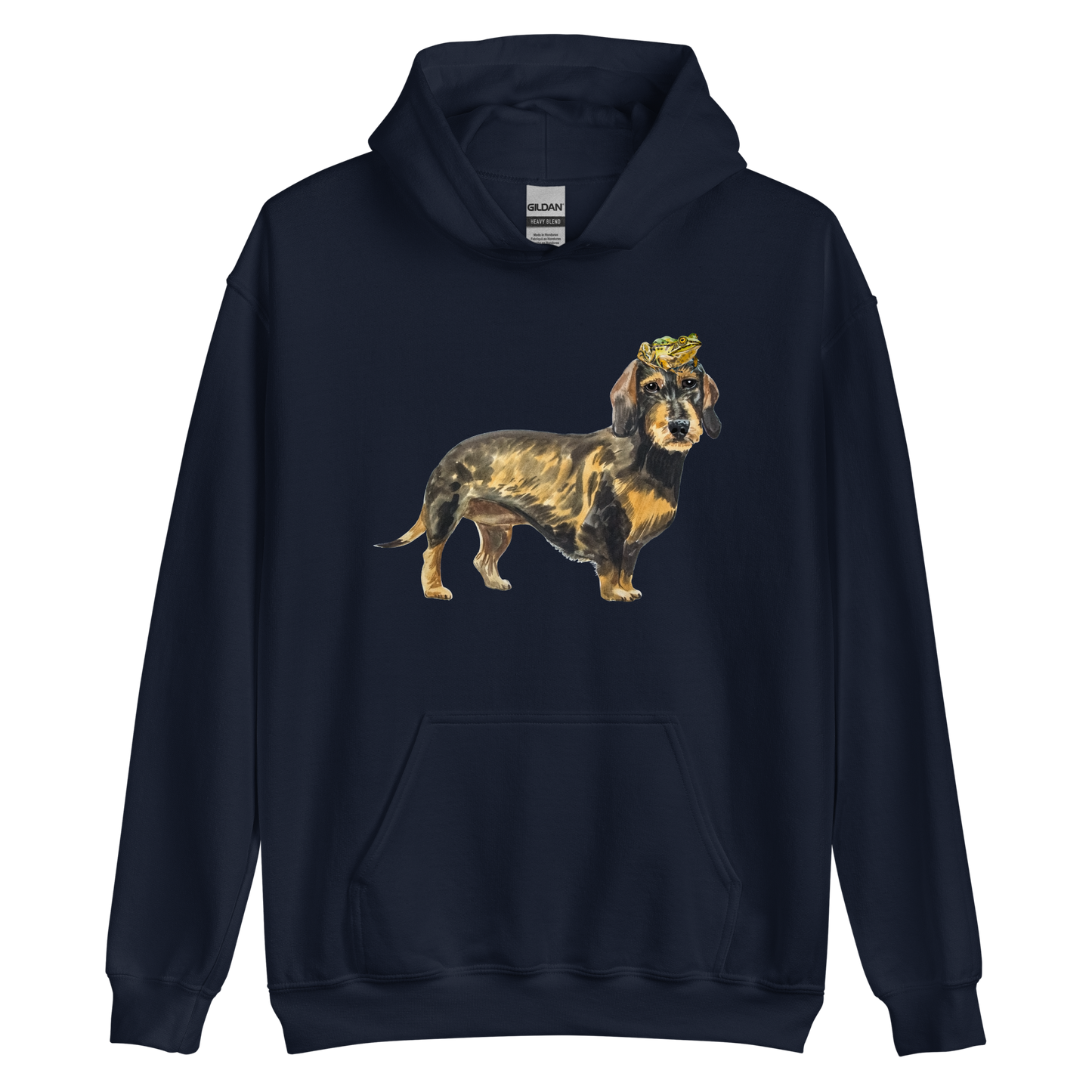 Navy Dachshund Hoodie featuring an adorable Frog on a Dachshund's Head graphic on the chest - Cute Graphic Dachshund Hoodies - Boozy Fox