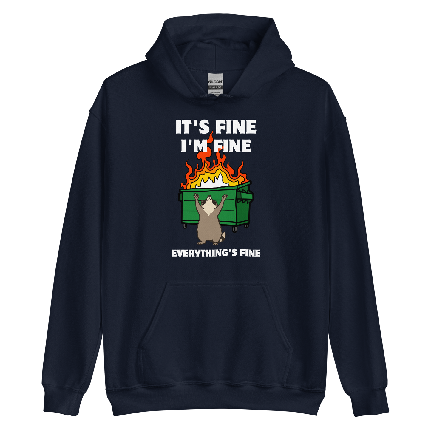 Funny Dumpster Fire Raccoon graphic hoodie in navy by Boozy Fox