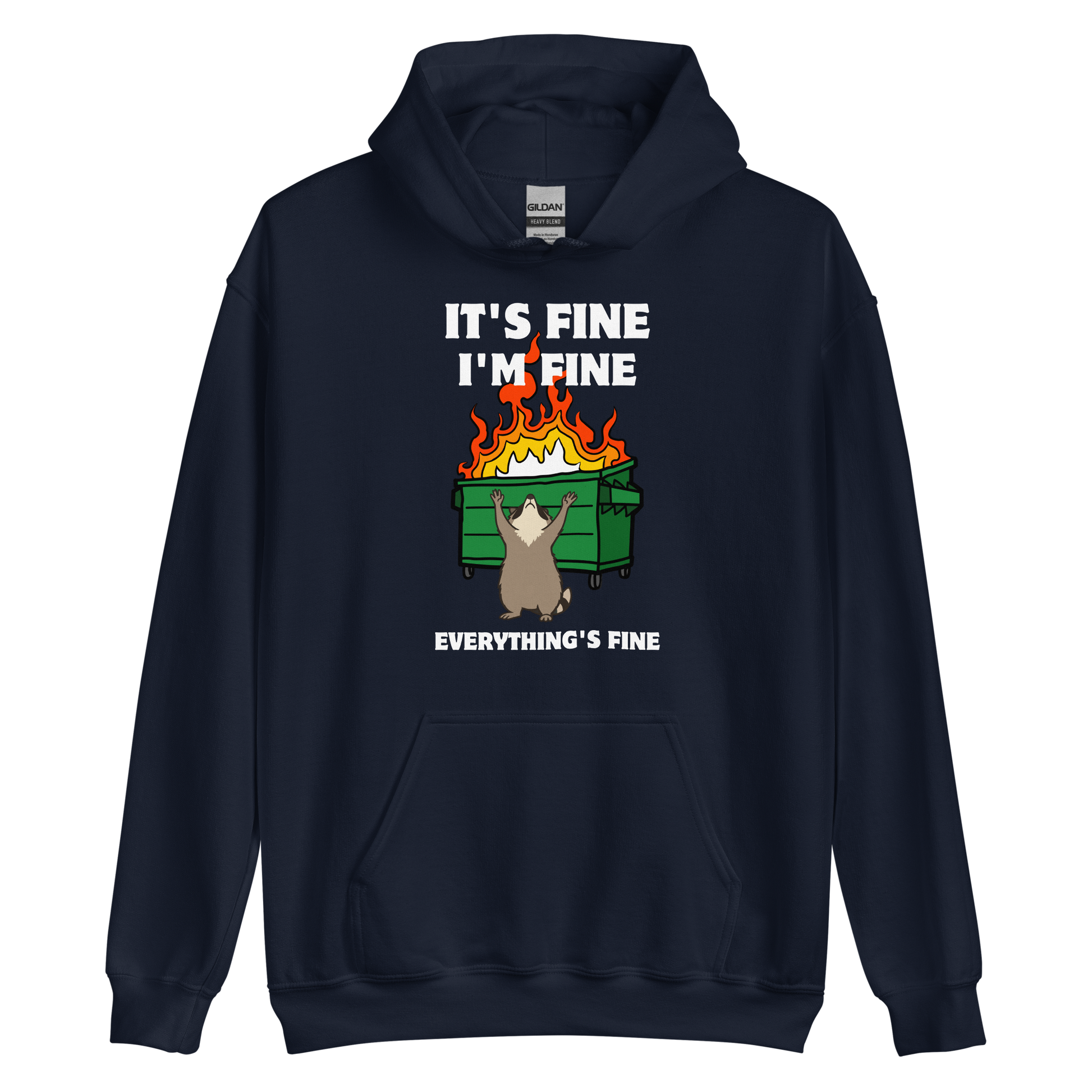 Funny Dumpster Fire Raccoon graphic hoodie in navy by Boozy Fox